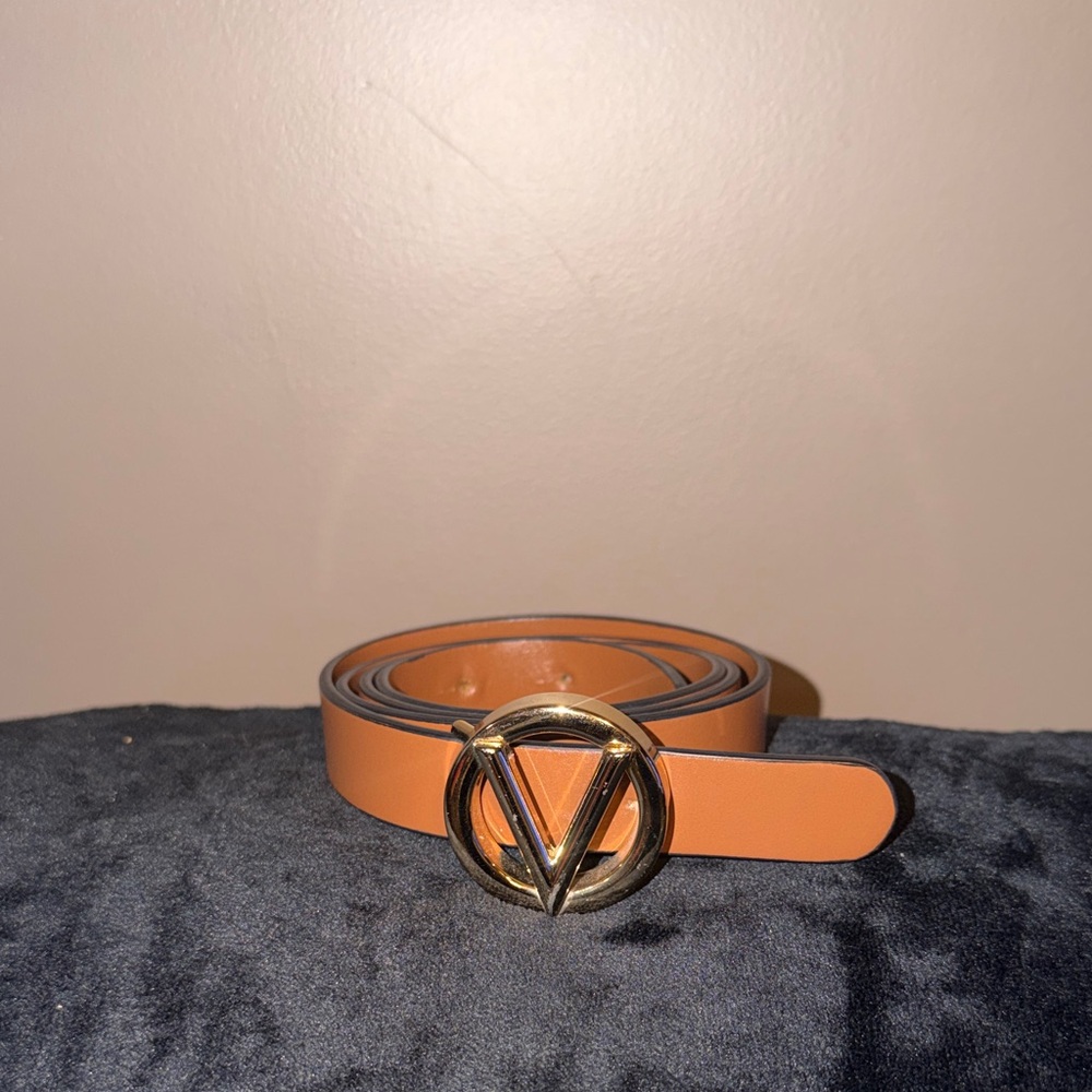 Valentino Tan Leather Belt with Gold V Logo Buckle